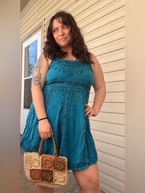 Sakkas Teal Embroidered Sleeveless Mini Dress